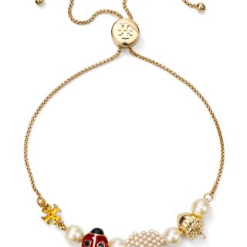 Tory Burch Gold Necklace with Pearl Beads and Red Ladybug Charm